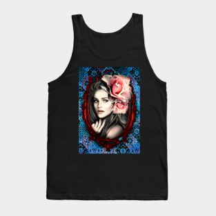 Red Frame Bright Pink Roses Portrait Beautiful Girls Artwork, Digital Art Tank Top